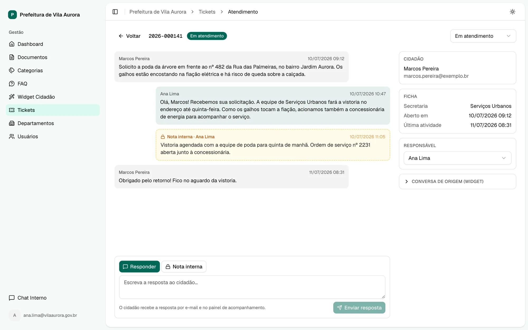 Painel de uma solicitação com protocolo, conversa com o cidadão, responsável e status